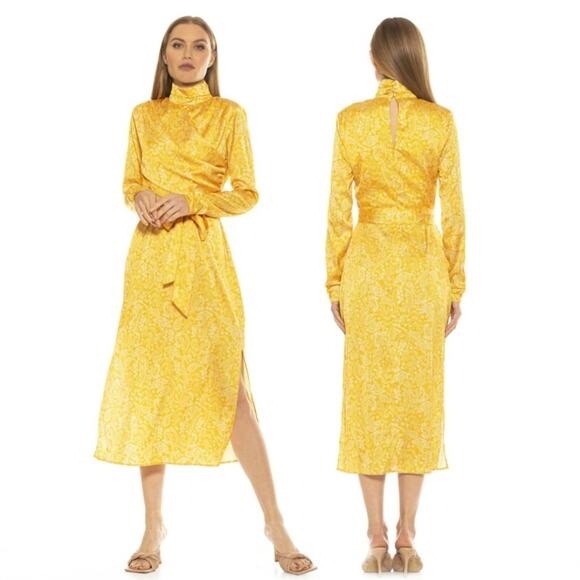 NWOT Alexia Admor Mock Neck Draped Midi Dress In Yellow Paisley - Picture 2 of 10